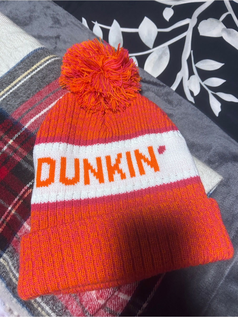 Dunkin Donuts Orange & Pink Pom Beanie